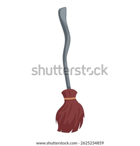 Old witch broom with crooked handle is flying on white background