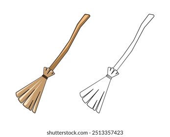 Old Witch Broom Halloween Broomstick Graphics Illustration. Easy Coloring Book Page for Kids