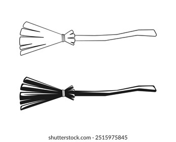 Old Witch Broom Outline and Silhouette Set, Halloween Broomstick Graphics Illustration