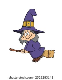 Old Witch Cartoon Flying on a Broomstick Halloween Illustration Vector