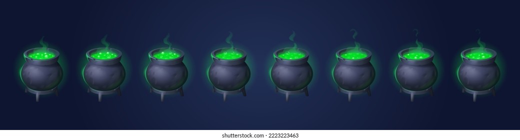 Old witch cauldron animation set. Magic neon green potion boiling in pot, bubbling and steaming poisonous vapor. Witchcraft elixir cooking. Cartoon vector illustration isolated on dark blue background