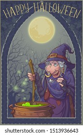 Old witch in a cone hat brewing a magic potion in a cauldron. Halloween cartoon style character. Linear drawing brightly colored and shaded. Misterious background and gothic frame. Greeting card