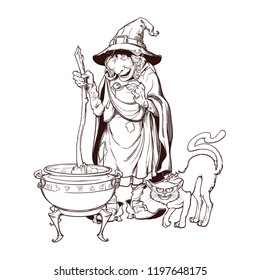Old witch in a cone hat with her black cat brewing a magic potion in a cauldron. Halloween cartoon style character. Black and white engraving style drawing isolated on a white background. EPS10 vector