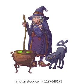Old witch in a cone hat with her black cat brewing a magic potion in a cauldron. Halloween cartoon style character. Linear drawing brightly colored and shaded. Isolated on a white background. EPS10
