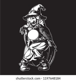 Old witch in a cone hat holding a crystal ball and foretelling the future. Funny cartoon style character. Black and white engraving style drawing isolated on a black background. EPS10 vector.