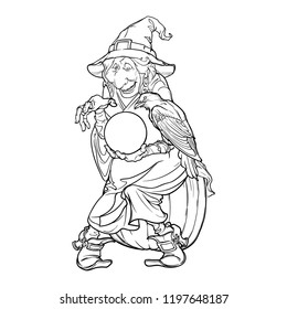 Old witch in a cone hat holding a crystal ball and foretelling the future. Funny cartoon style character. Black and white linear drawing isolated on a white background. EPS10 vector.