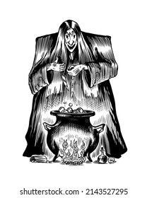 The old witch conjures and brews a potion in a cauldron. Ancient mythical Magic character. Engraved monochrome sketch. Hand drawn vintage Fortune illustration.