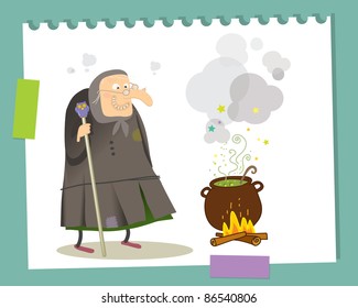 old witch cooking magic potion funny cartoon character