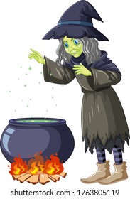 Old witch cooking potion cartoon character illustration