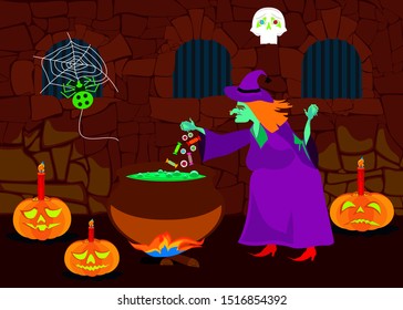 An old witch in dungeon preparing a potion. Halloween theme. Vector illustration