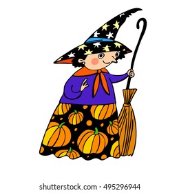 The old witch. Enchantress. Character. Illustration. Pumpkins. Broom.