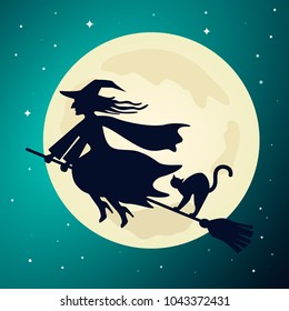 The old witch flies on a broom with a black cat in the night sky against the background of the full moon. Vector illustration. The Haloween Concept