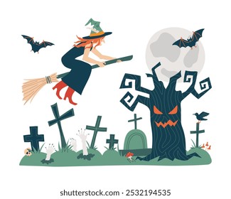 Vieja bruja vuela en una escoba sobre un cementerio con manos zombi de las tumbas. Cementerio, cementerio en Halloween, lápidas, cruces con luna llena y árbol de miedo. Ilustración vectorial aislada