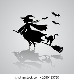 The old witch flies on a broomstick with a black cat against the background of bats. Vector illustration with reflection of shadow. The Haloween Concept