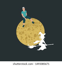 Old witch fly on broomstick in the night sky and full moon background with man on top. Happy Halloween concept design card, poster, banner. Vector illustration.