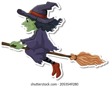 An old witch flying with broom cartoon character sticker illustration