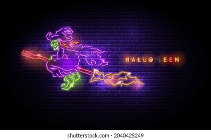 Old witch flying with magic broom neon light halloween celebration vector illustration.Hag, Baba Yaga.