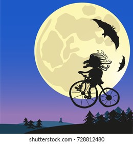 Old witch flying on a bicycle in the moonlight with bats. Super moon. Vector illustration.
