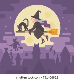 Old witch flying on a broom with a black cat over the night city. Trick or treat. Halloween flat illustration