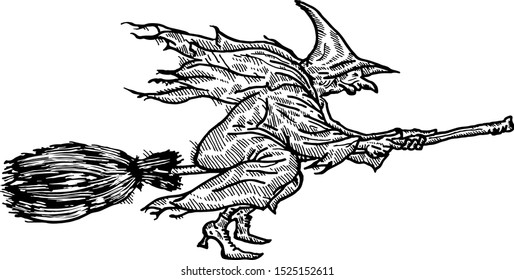 An old witch flying on a broomstick for Halloween concept. Hand drawn vector illustration. 