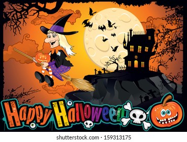 old witch flying on broomstick with landscape and castle haunted- transparency blending effects and gradient mesh-EPS10
