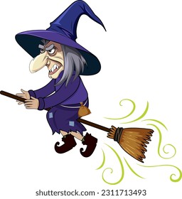 Old Witch Flying on a Broomstick Cartoon Character illustration