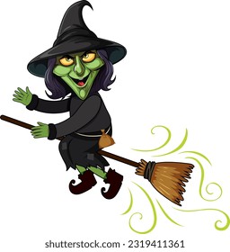 Old Witch Flying on a Broomstick Cartoon Character illustration