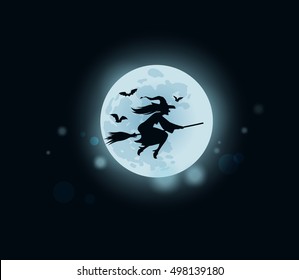 Old witch flying on broomstick at midnight. Vector illustration