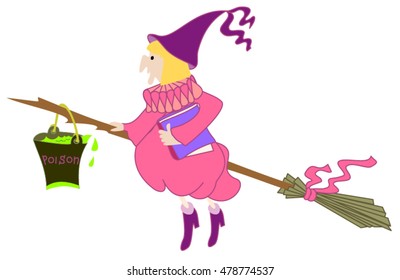 Old witch with full tin bucket of poison on the broom