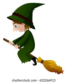 Old witch in green dress on the broom illustration