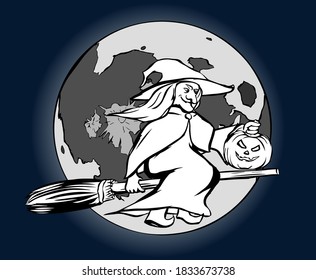 Old witch with halloween pumpkin lantern (Jack'o Lantern) flying on broom against the full moon