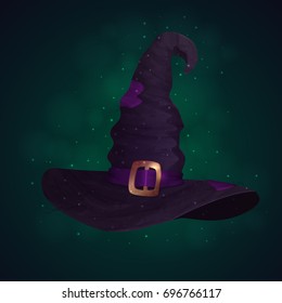 Old witch hat among the magic lights, Halloween vector illustration