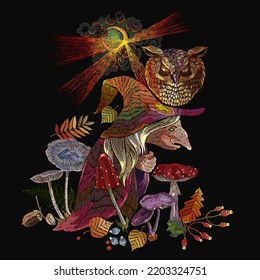 Old witch in hat. Dark gothic fairy tale art. Embroidery style. Template fashionable clothes, t-shirt design. Forest sorceress, autumn leaves, fly agaric. Witchcraft style. Halloween background