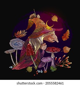 Old witch in hat. Forest sorceress, autumn leaves, fly agaric. Witchcraft style. Halloween background. Dark gothic fairy tale art. Embroidery style. Template fashionable clothes, t-shirt design