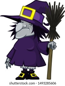 Old witch in a hat and with a magic broom