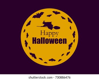 Old witch with a hat on a broom. Bats flying in the background of the moon. Silhouette of witchcraft. Halloween postcard. Vector illustration