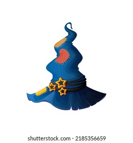 Old witch hat with patches or stars decoration isolated wizard magician mage sorcerer headwear. Vector mage Halloween hat of cone shape cartoon headdress masquerade accessory, pointy cap