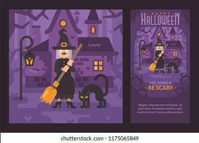 Old witch with her black cat and broomstick near her hut in the dark forest. Halloween flat illustration and flyer