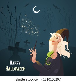 Old Witch Holding Magic Stick with Chameleon, Flying Bats and Crescent Moon on Teal Blue Graveyard Background for Happy Halloween Celebration.