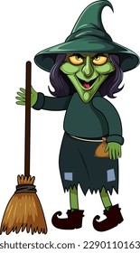 Old Witch Holding on a Broomstick Cartoon Character illustration