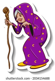 Old witch holding staff cartoon character sticker illustration