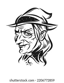 Old witch looking at the viewer, vector linear portrait