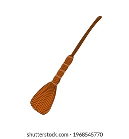 Old witch magic broom hand drawn isolated vector illustration, Halloween party design element, a witch tool for Halloween or a cleaning household appliance, holiday symbol