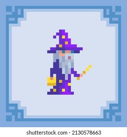 Old Witch Man With Magic Stick. Pixel Art Wizard Character. Vector Illustration In 8 Bit Style