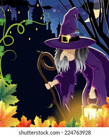 Old witch near the ancient castle with glowing windows. Halloween night scene 