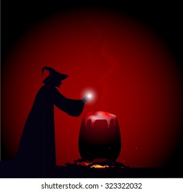 old witch near the cauldron with spelling red light or  brew a potion, halloween character,