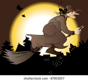 The old witch on a broomstick flying  over the city at night