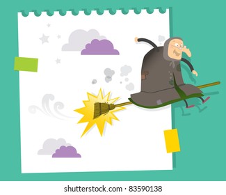 old witch on flying broom cartoon