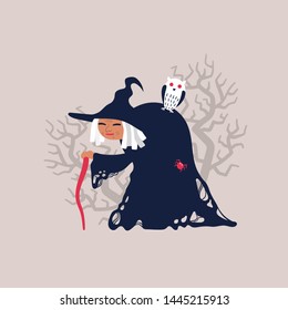 Old witch with owl on back. Cute vector illustration on Halloween.