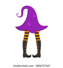 Alte Hexe hat Hut mit Beinen in gestreiften Strümpfen und Stiefeln gepatcht. Design-Element für Halloween-Party, Grußkartenspiel oder Einladungskarte. Hübsche Vektorgrafik-Illustration.